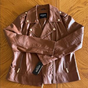 GUESS Women's Cognac Brown Faux Leather Moto Jacket
